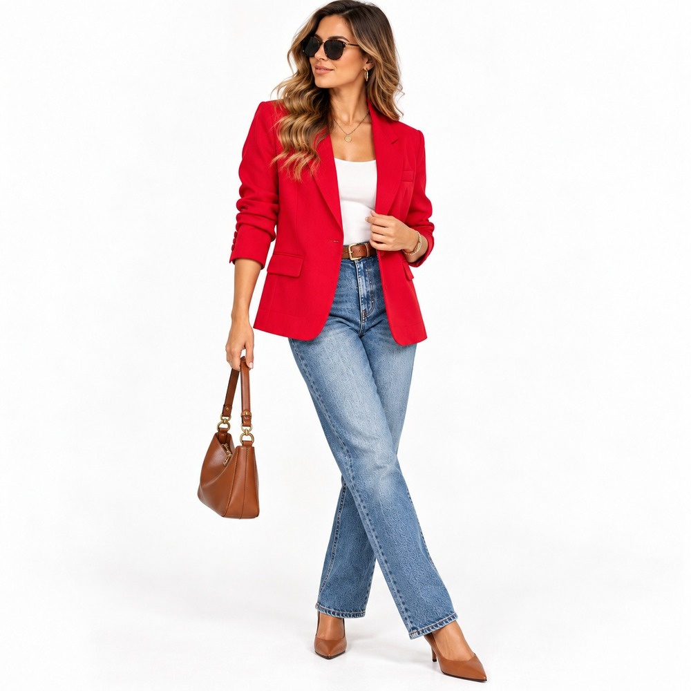CASUAL CORNER Women's Blazer 12P Red One Button 100% LINEN Jacket VINTAGE 90s